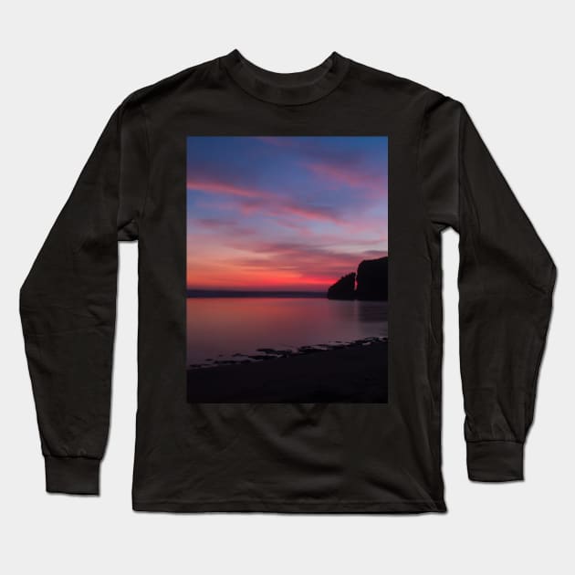 Silhouetted rock stack at a red sunset beach Long Sleeve T-Shirt by kall3bu